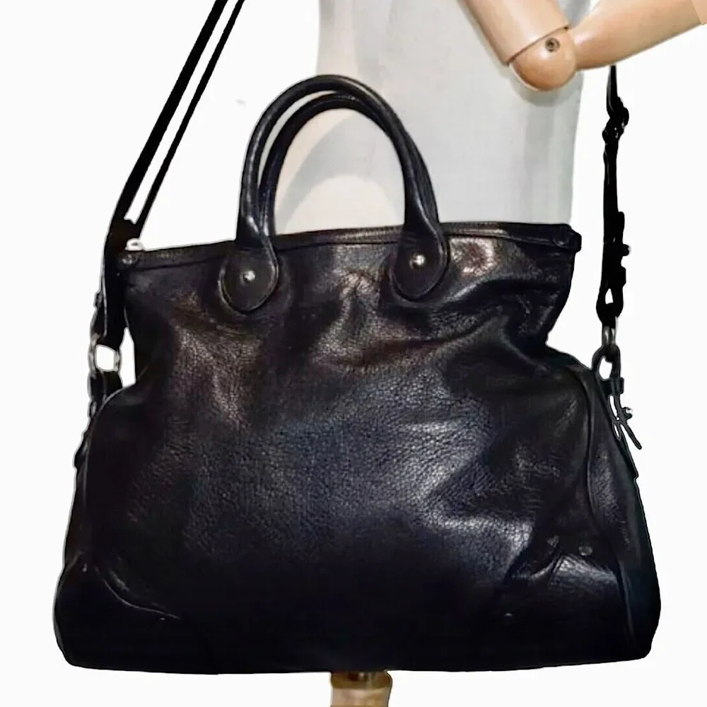 BALLY Black Leather Trainspotting Work Bag Black Striped Adjust Shoulder Strap